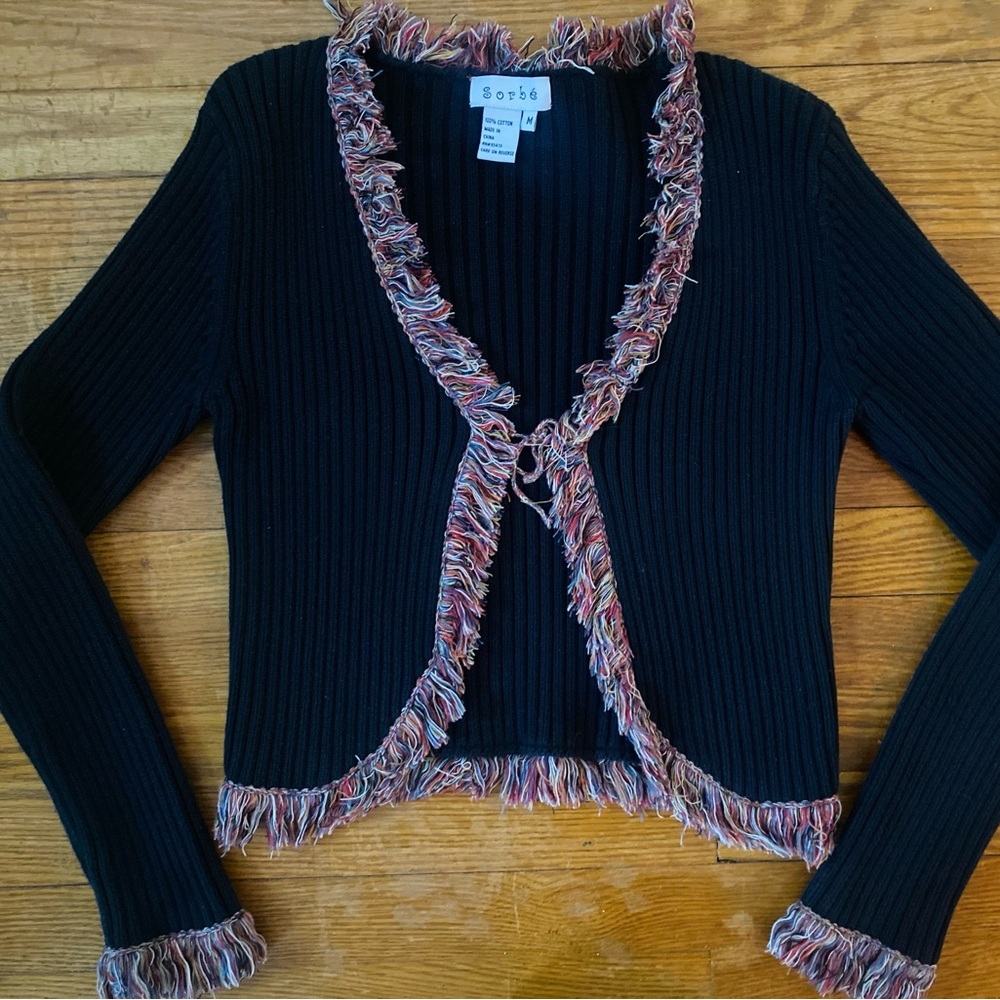 Y2k CROPPED BLACK RIBBED RAINBOW FRINGE TIE FRONT CARDIGAN - Picture 5 of 5